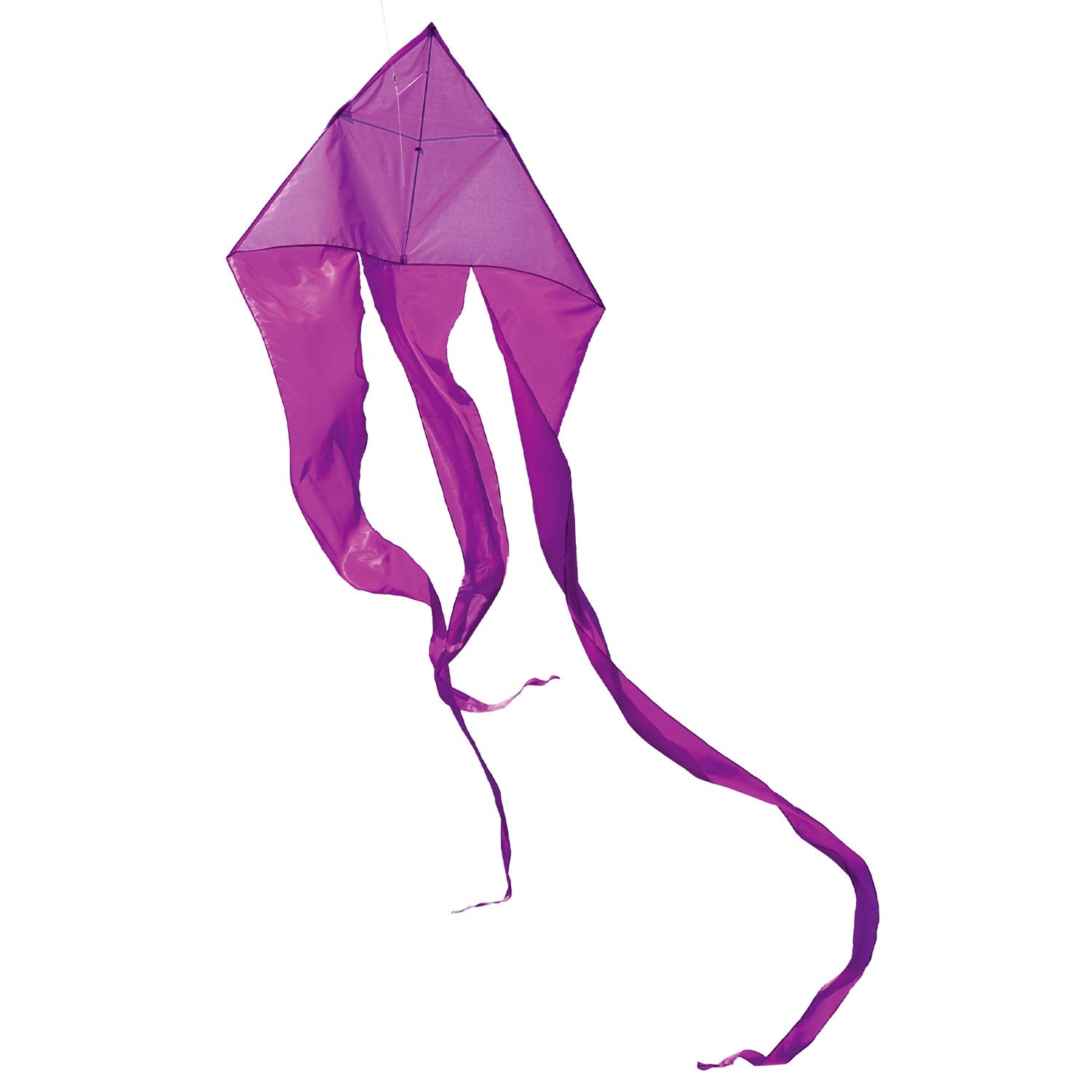 Purple 77' Wave Delta Kite soaring in a bright blue sky with long flowing tails dancing behind it, designed for easy flying.