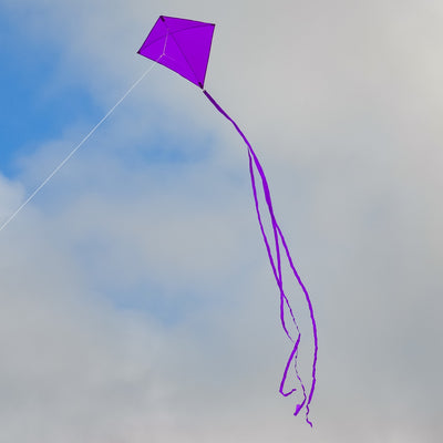 Purple Colorfly 30" Diamond Kite soaring against a blue sky, showcasing three colorful tails and a vibrant purple design.