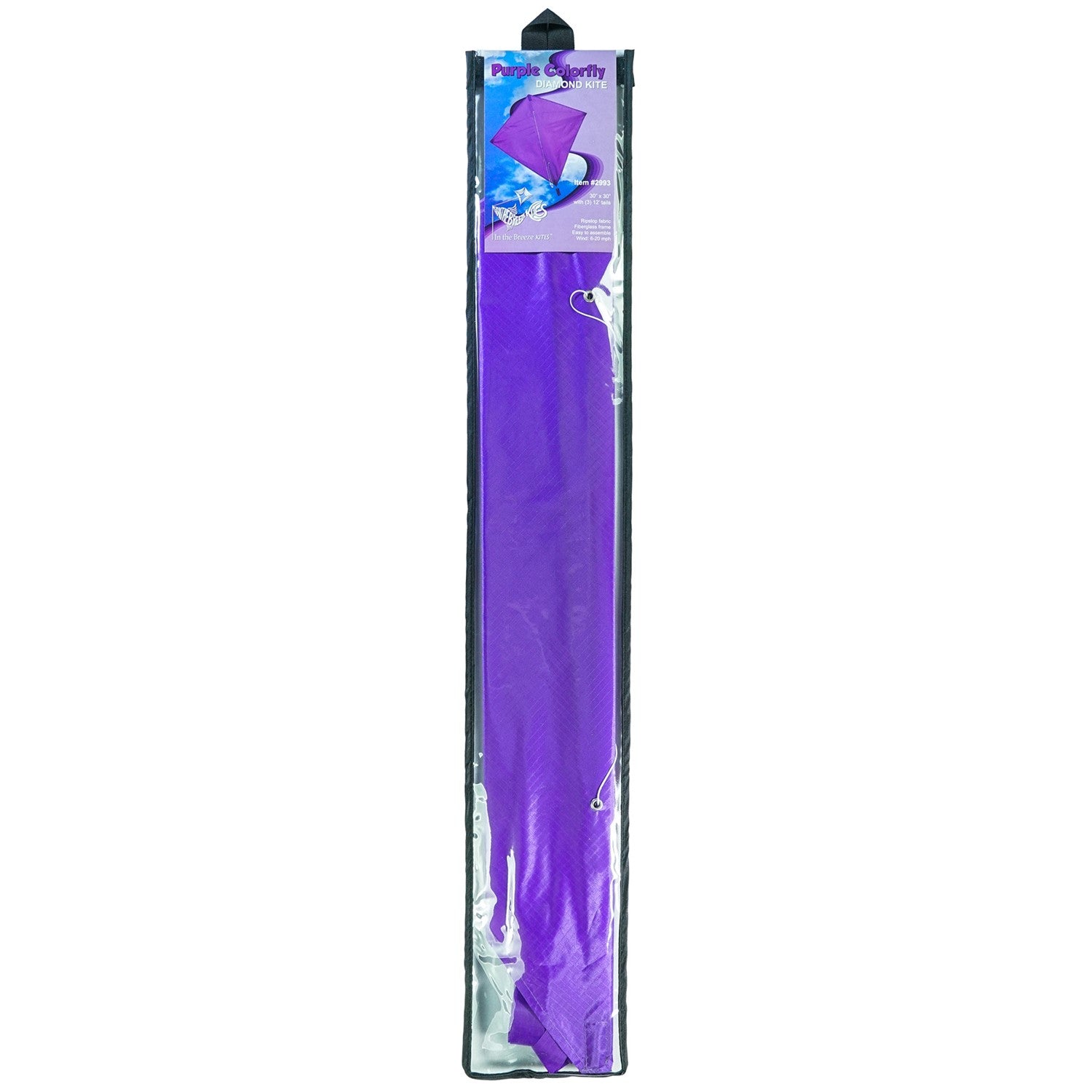 Purple Colorfly 30" Diamond Kite soaring against a blue sky, showcasing three colorful tails and a vibrant purple design.