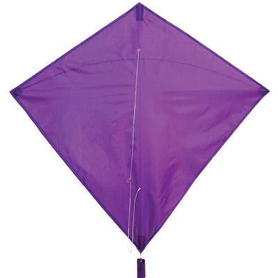 Purple Colorfly 30" Diamond Kite soaring against a blue sky, showcasing three colorful tails and a vibrant purple design.