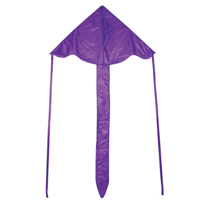 Purple Colorfly 43\" Fly-Hi Kite soaring in the sky, showcasing its solid color design and delta shape, ideal for beginner kite flyers.