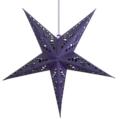 Purple Paper Star Lantern with intricate cutouts and gold accents, hanging indoors, illuminated with fairy lights for a cozy glow.