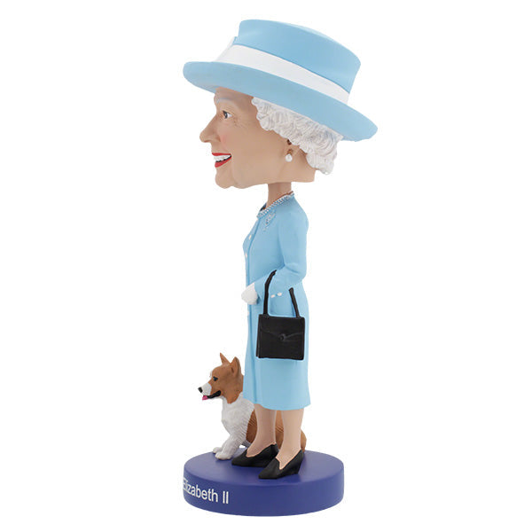 Queen Elizabeth II Bobblehead, 8-inch collectible figure made of polyresin, featuring detailed royal attire and a regal stance on display.