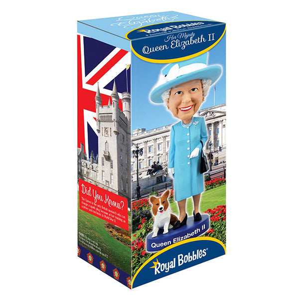 Queen Elizabeth II Bobblehead, 8-inch collectible figure made of polyresin, featuring detailed royal attire and a regal stance on display.