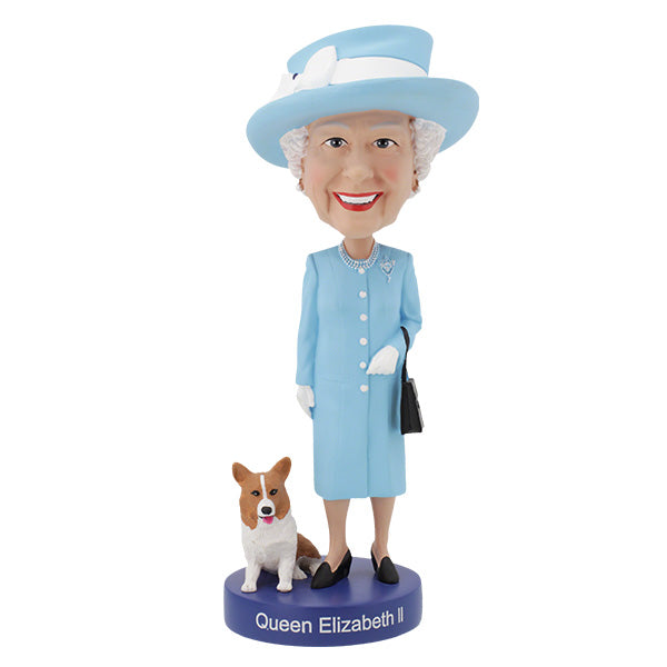 Queen Elizabeth II Bobblehead, 8-inch collectible figure made of polyresin, featuring detailed royal attire and a regal stance on display.