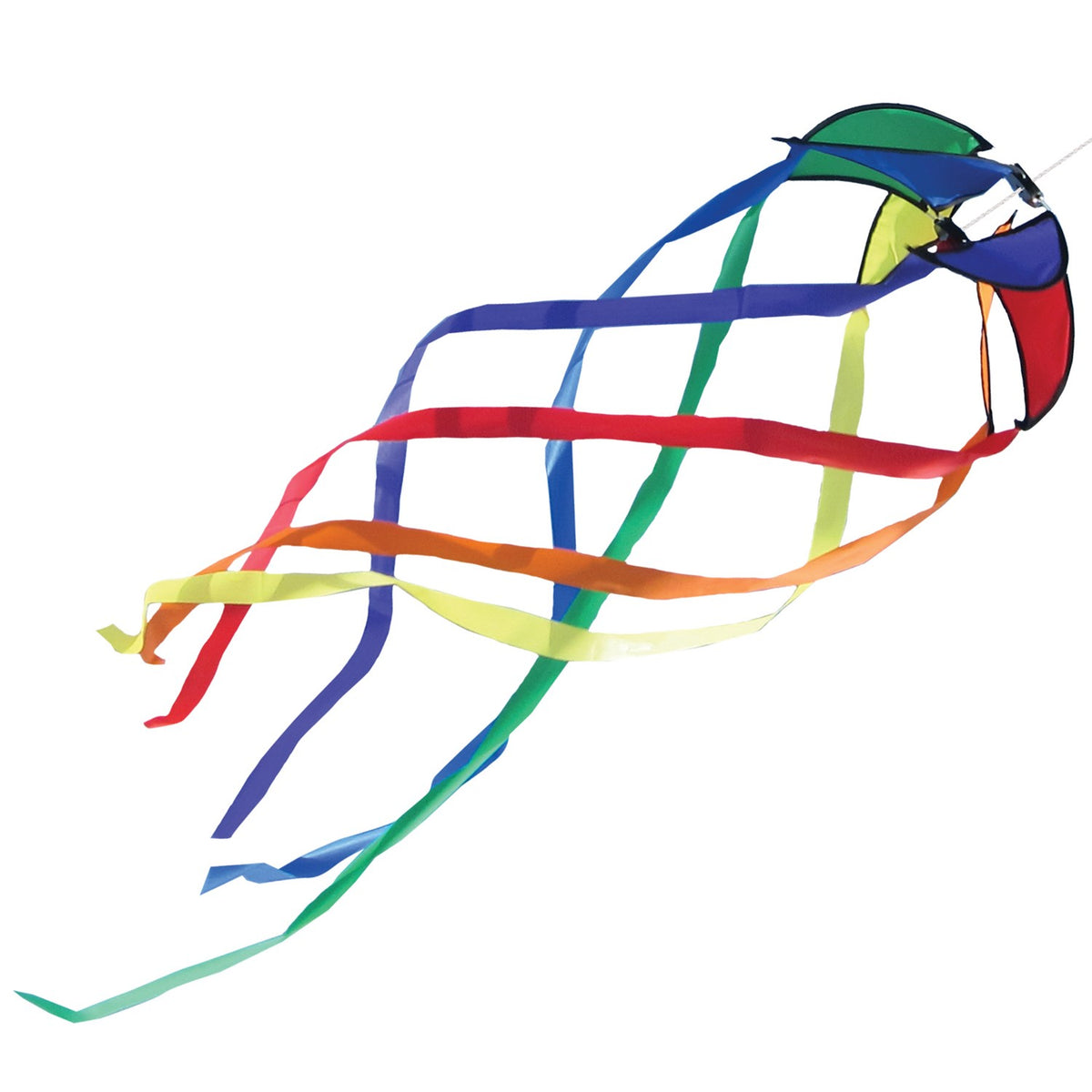 Rainbow 12-inch Orbiter Star with 40-inch streamer tails displayed outdoors, showcasing vibrant colors rotating in the breeze.