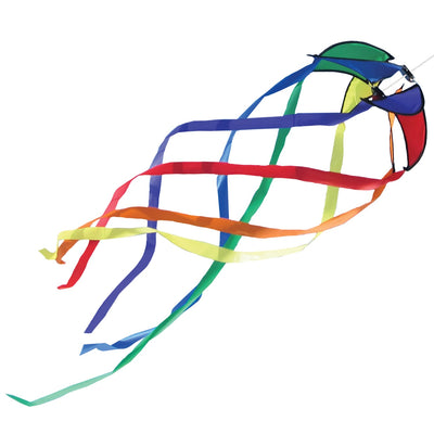 Rainbow 12-inch Orbiter Star with 40-inch streamer tails displayed outdoors, showcasing vibrant colors rotating in the breeze.