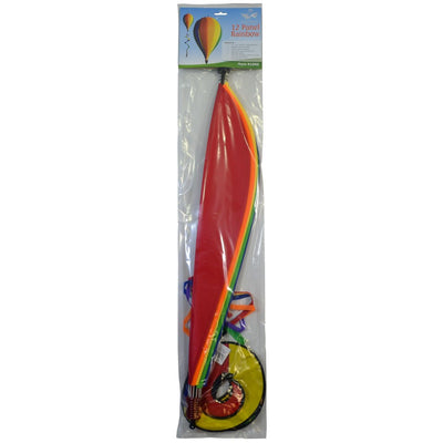 Vibrant Rainbow 12-Panel Hot Air Balloon spinner in a garden setting, showcasing colorful panels and twister tail spinning gracefully.