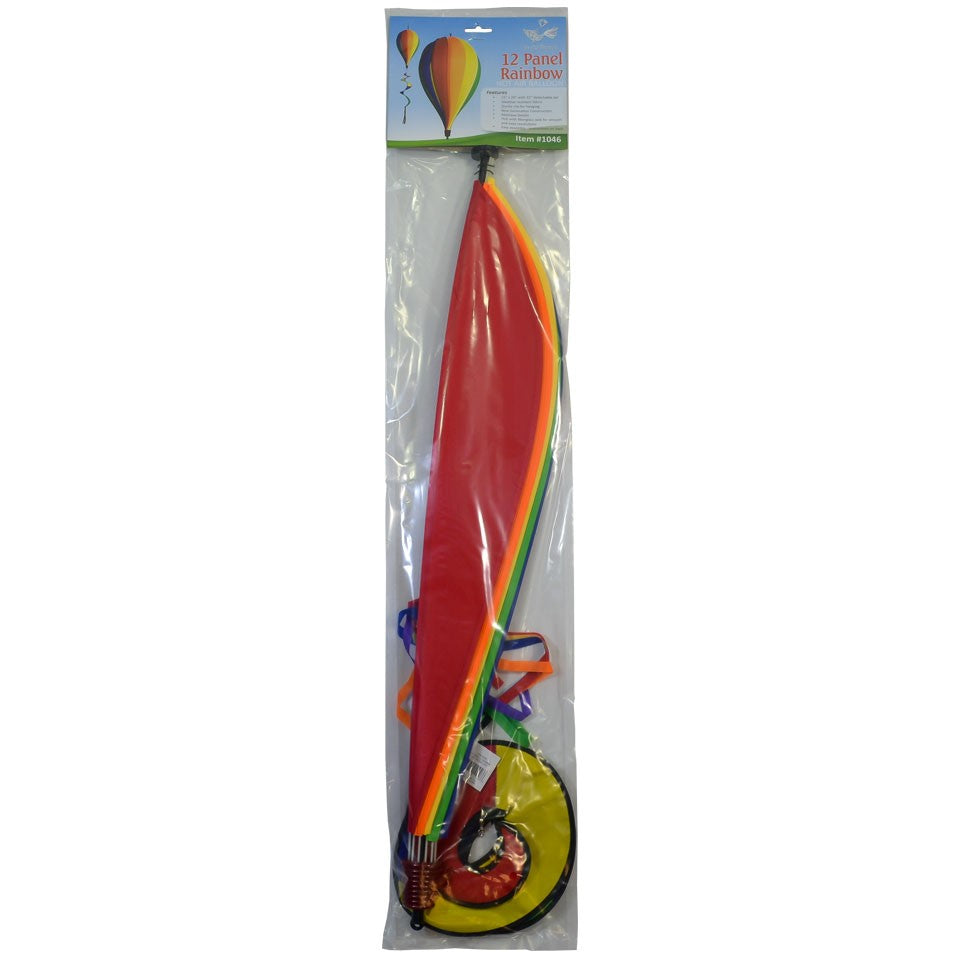 Vibrant Rainbow 12-Panel Hot Air Balloon spinner in a garden setting, showcasing colorful panels and twister tail spinning gracefully.