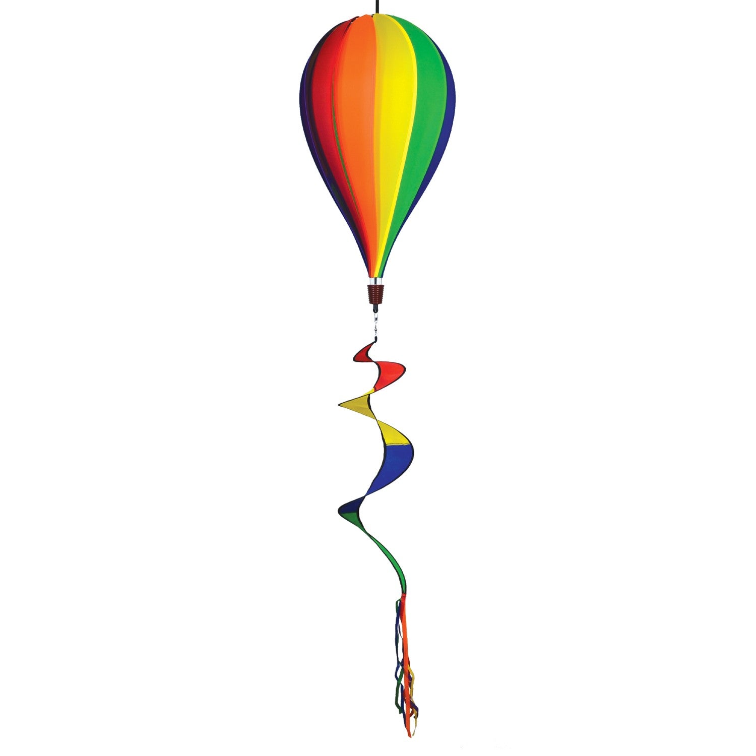 Vibrant Rainbow 12-Panel Hot Air Balloon spinner in a garden setting, showcasing colorful panels and twister tail spinning gracefully.