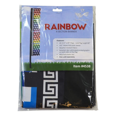 Rainbow 17'' x 82'' 4-Section Feather Banner, featuring colorful designs on outdoor display with a heavy-duty pole sleeve.