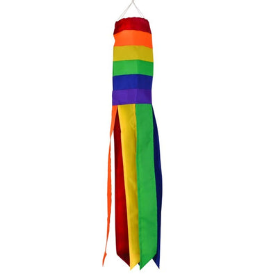 Rainbow 18-inch windsock features bright colors and applique graphics, fluttering tails create a joyful outdoor decoration perfect for any garden setting.