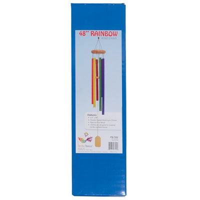 Rainbow 48 inch wind chime featuring six colorful aluminum chimes and natural wood components displayed outdoors, gently swaying in the breeze.