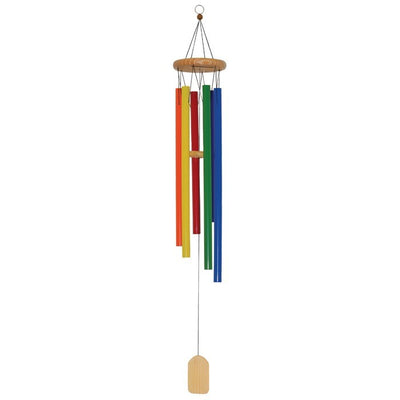 Rainbow 48 inch wind chime featuring six colorful aluminum chimes and natural wood components displayed outdoors, gently swaying in the breeze.