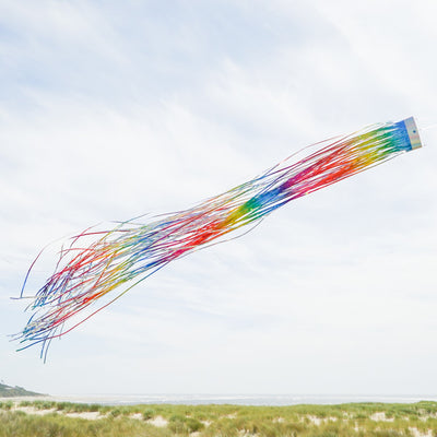 Rainbow 51-inch Mylar windsock fluttering in the breeze, reflecting sunlight with vibrant holographic colors for outdoor decoration.