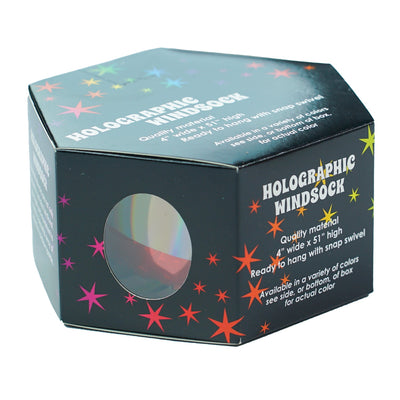 Rainbow 51-inch Mylar windsock fluttering in the breeze, reflecting sunlight with vibrant holographic colors for outdoor decoration.