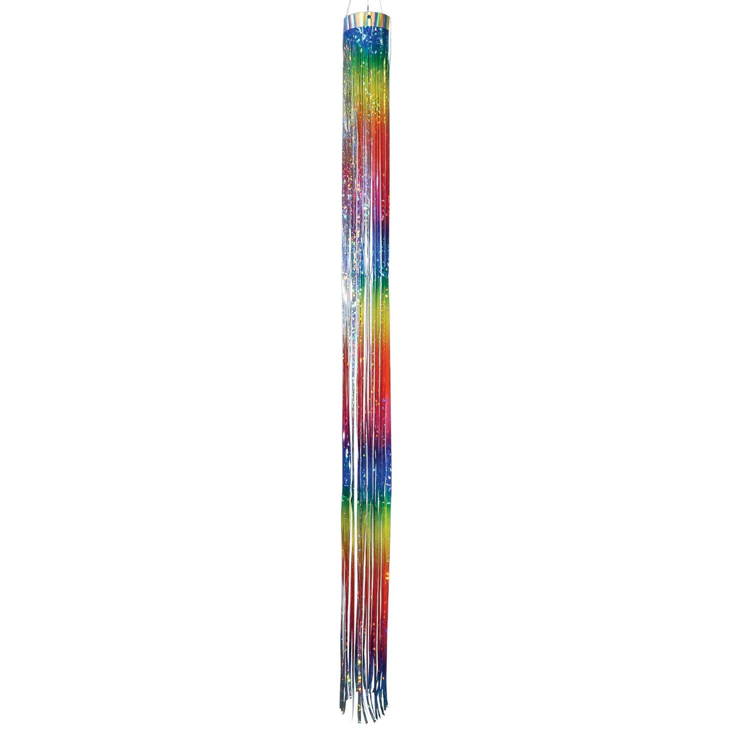 Rainbow 51-inch Mylar windsock fluttering in the breeze, reflecting sunlight with vibrant holographic colors for outdoor decoration.
