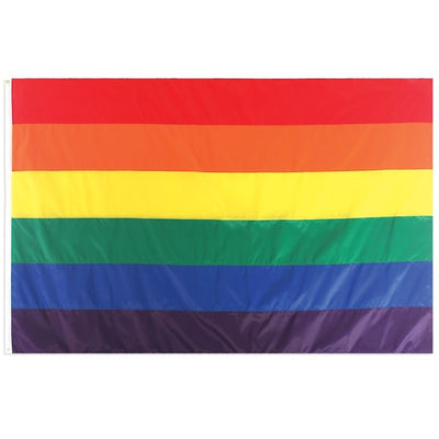 Rainbow 5x8 grommet flag with vibrant colors, secured with brass grommets, fluttering proudly in an outdoor setting, perfect for celebrations.