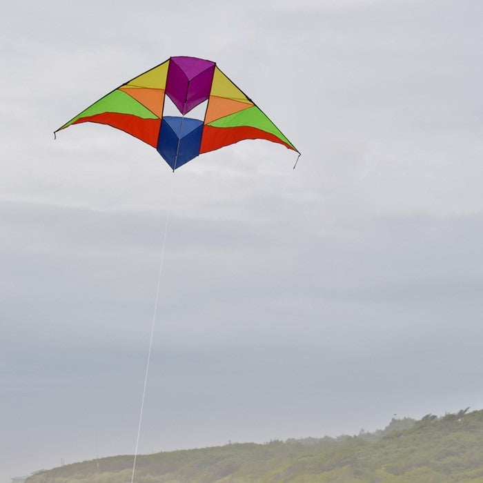 Rainbow 6' Conyne Delta Kite soaring high against a clear blue sky, displaying its bright colors and hybrid design, perfect for outdoor activities.