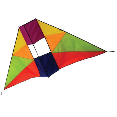 Rainbow 6' Conyne Delta Kite soaring high against a clear blue sky, displaying its bright colors and hybrid design, perfect for outdoor activities.