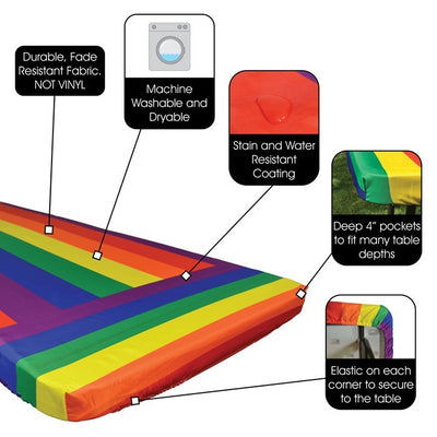 Rainbow 6' Tablecloth with vibrant colors and durable outdoor fabric, perfect for picnics and events-featuring elastic pockets for secure fit.