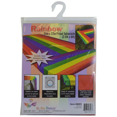 Rainbow 6' Tablecloth with vibrant colors and durable outdoor fabric, perfect for picnics and events-featuring elastic pockets for secure fit.