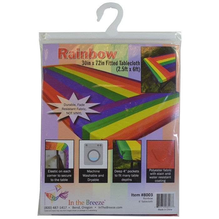 Rainbow 6' Tablecloth with vibrant colors and durable outdoor fabric, perfect for picnics and events-featuring elastic pockets for secure fit.