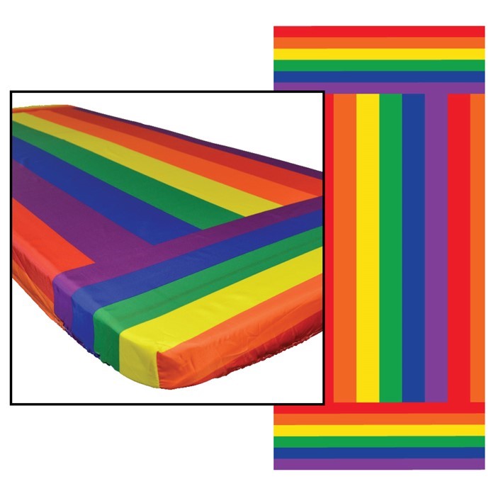 Rainbow 6' Tablecloth with vibrant colors and durable outdoor fabric, perfect for picnics and events-featuring elastic pockets for secure fit.
