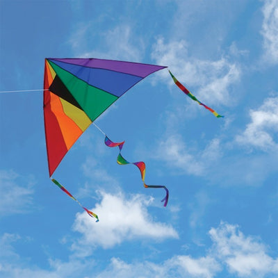 Rainbow 7' Delta Combo Kite with colorful twister tail and streamers in flight, displaying vibrant rainbow colors against a blue sky.