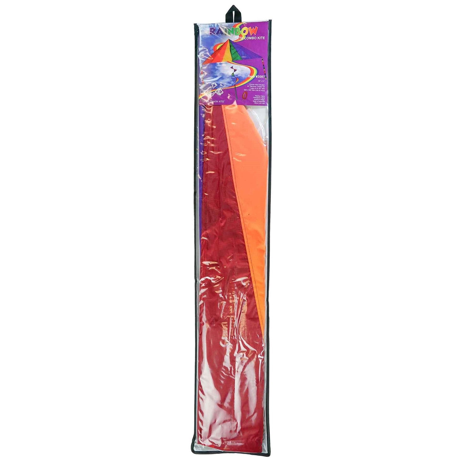 Rainbow 7' Delta Combo Kite with colorful twister tail and streamers in flight, displaying vibrant rainbow colors against a blue sky.