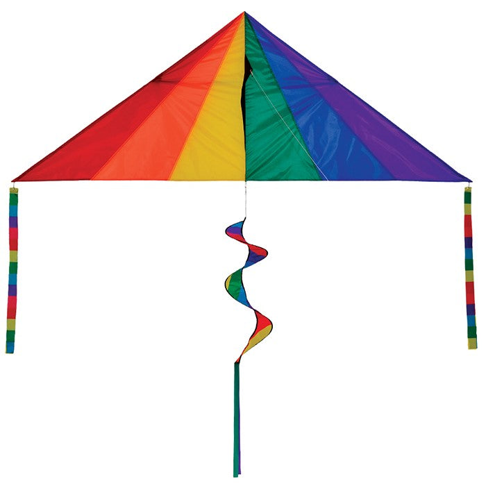 Rainbow 7' Delta Combo Kite with colorful twister tail and streamers in flight, displaying vibrant rainbow colors against a blue sky.
