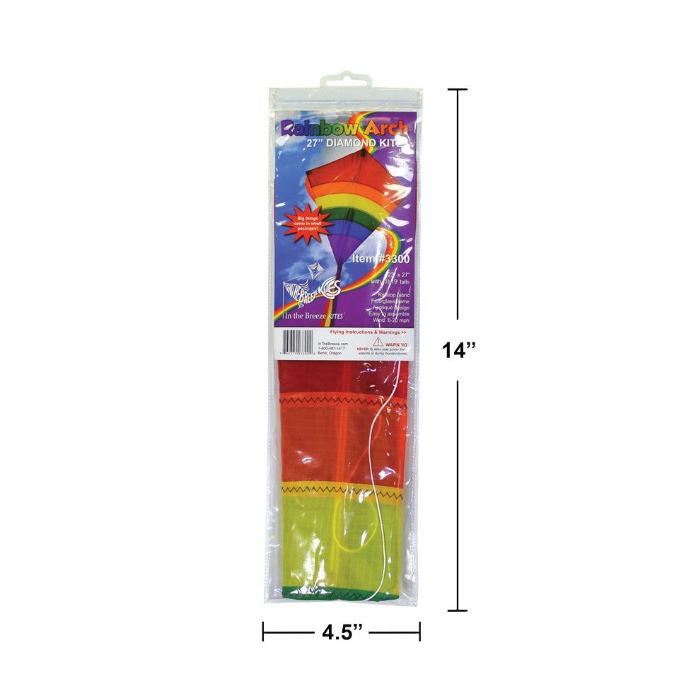 Rainbow Arch 27-Inch Diamond Kite displaying colorful arcs in the sky, ready for flying on a bright day outdoors.