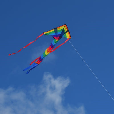 Rainbow Arrow Fly-Hi Kite soaring high in the sky, displaying colorful streamer tails, perfect for outdoor family fun.