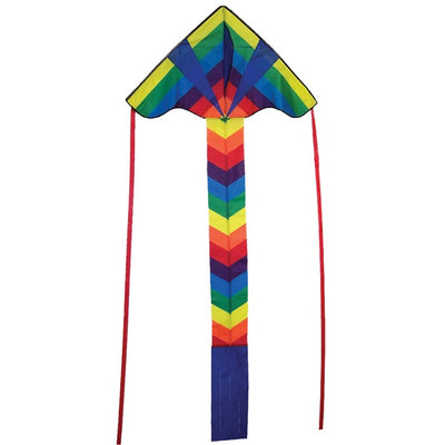 Rainbow Arrow Fly-Hi Kite soaring high in the sky, displaying colorful streamer tails, perfect for outdoor family fun.