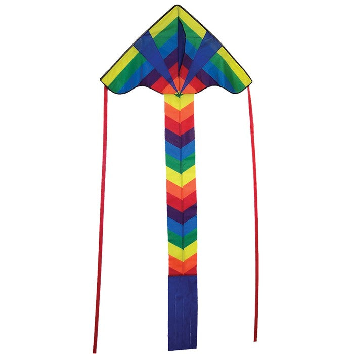 Rainbow Arrow Fly-Hi Kite soaring high in the sky, displaying colorful streamer tails, perfect for outdoor family fun.