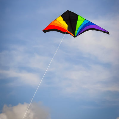 Rainbow Black 70 inch Delta kite with vibrant rainbow colors flying in a clear blue sky at a park.