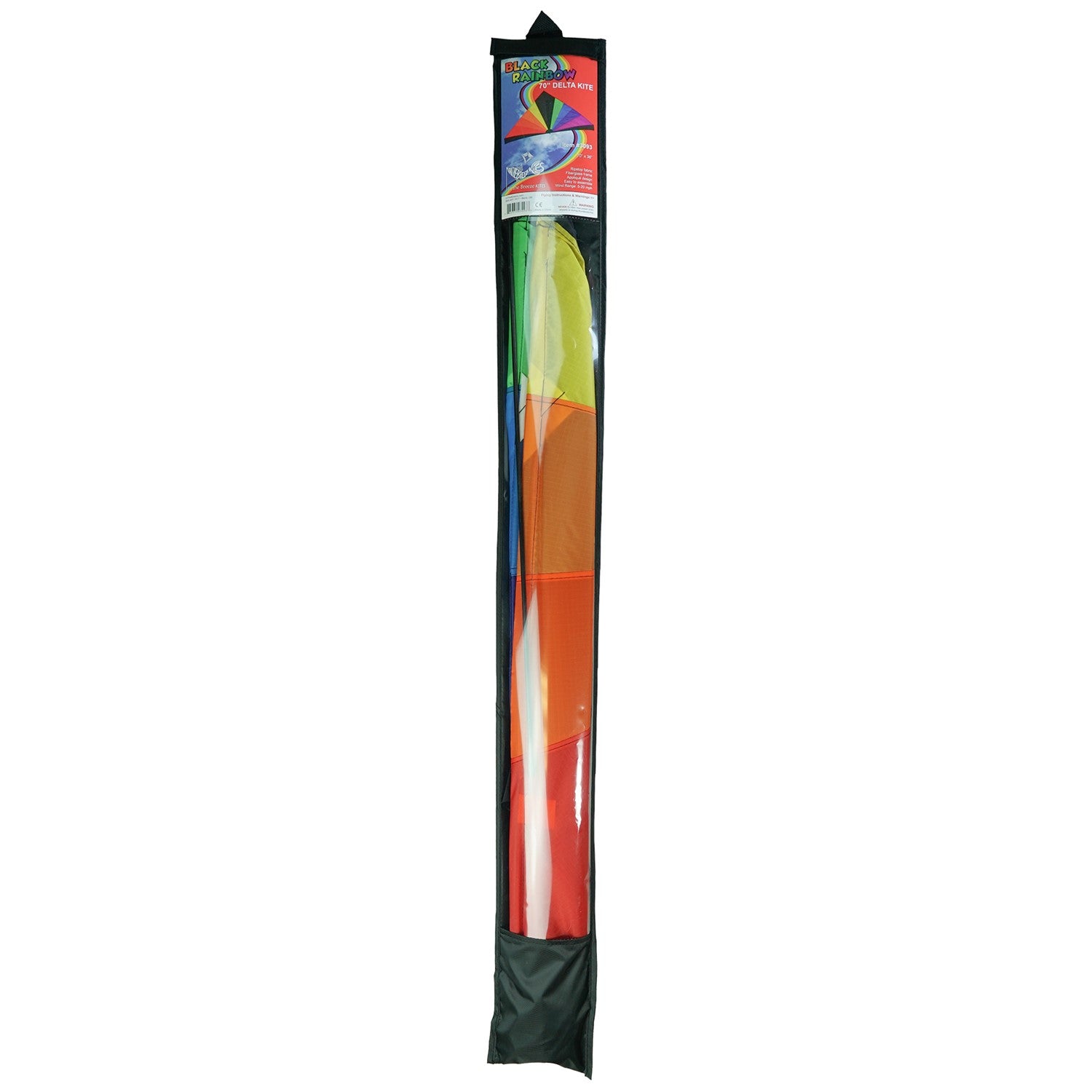 Rainbow Black 70 inch Delta kite with vibrant rainbow colors flying in a clear blue sky at a park.