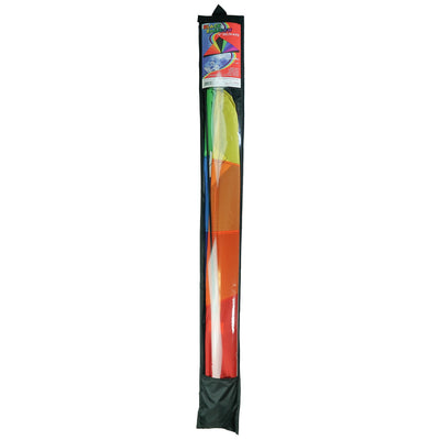 Rainbow Black 70 inch Delta kite with vibrant rainbow colors flying in a clear blue sky at a park.