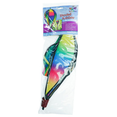 Rainbow Blended Hot Air Balloon with blended colorful panels, twister tail, and clear plastic accents displayed in an outdoor setting.
