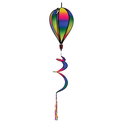 Rainbow Blended Hot Air Balloon with blended colorful panels, twister tail, and clear plastic accents displayed in an outdoor setting.