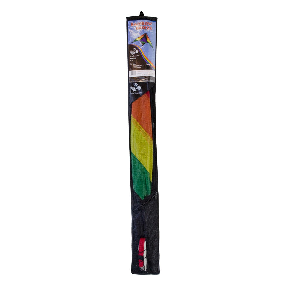Rainbow Breeze 68" Sport Kite in rainbow color soaring high in a clear blue sky, showcasing its vibrant design and dual control lines.