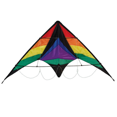 Rainbow Breeze 68" Sport Kite in rainbow color soaring high in a clear blue sky, showcasing its vibrant design and dual control lines.