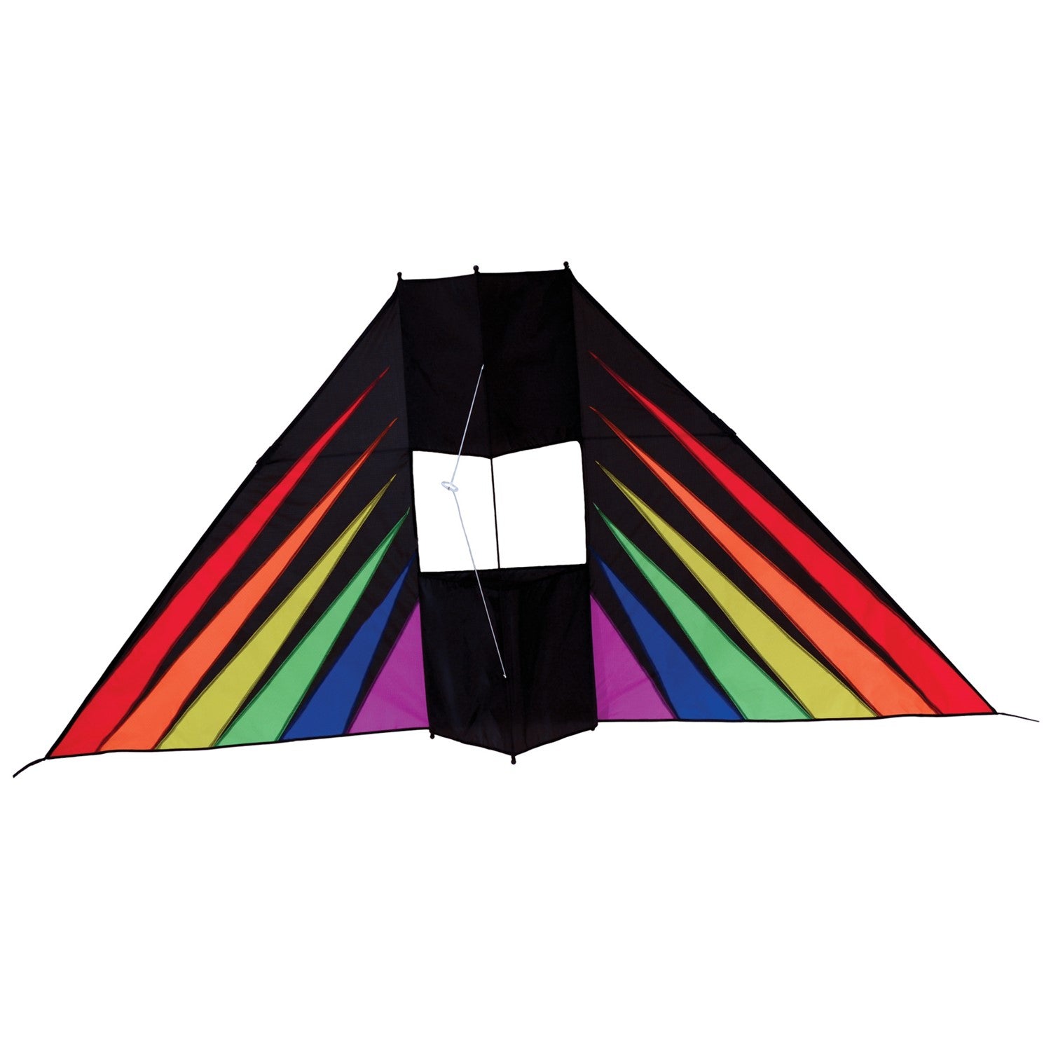 Rainbow Burst 6' Conyne Delta Kite featuring vibrant colors displayed in an outdoor setting with blue skies and fluffy clouds, ideal for family fun.