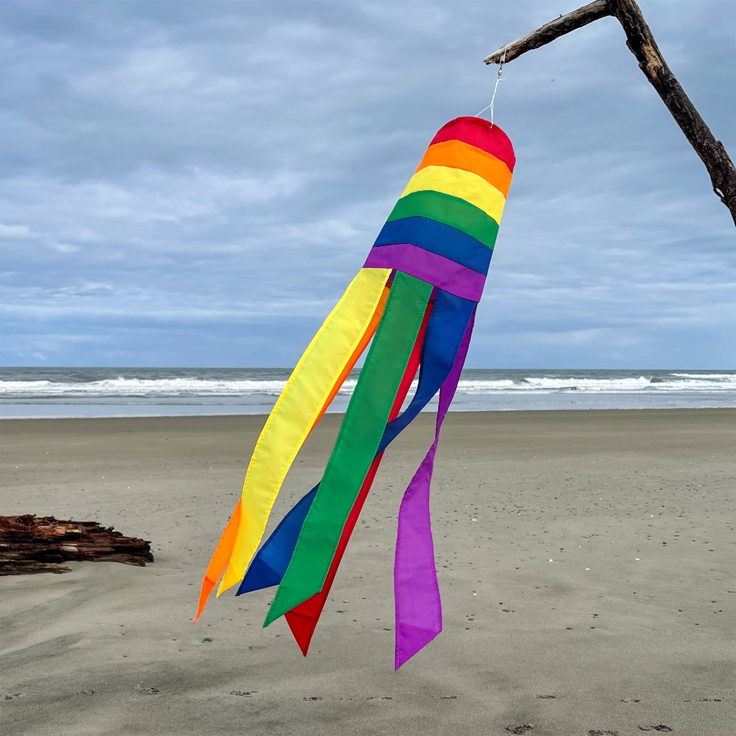 Rainbow Column 24" Windsock featuring vibrant colors and six coordinated tails, displayed outdoors in a garden setting.