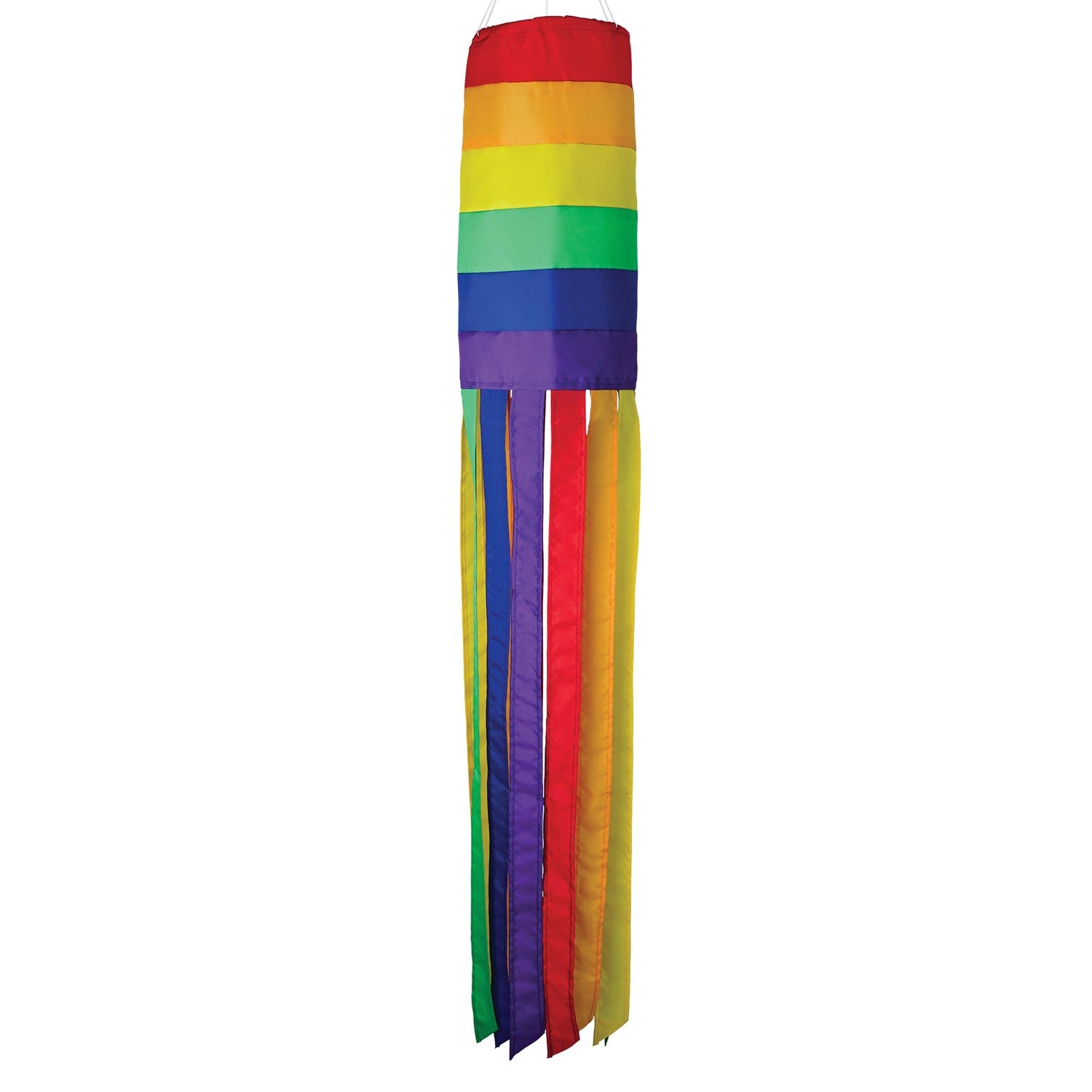 Rainbow Column 40\" windsock featuring bright colors and 12 coordinating tails, hanging in a garden setting on a sunny day.