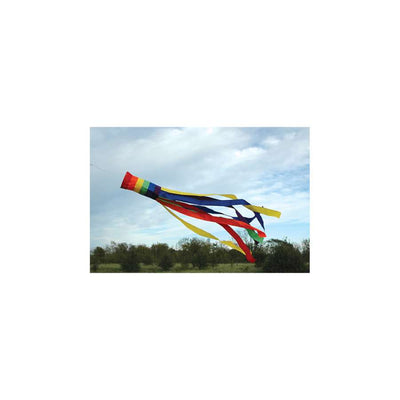 Colorful 60-inch Rainbow Column Windsock twirling in the breeze, showcasing vibrant hues in a traditional shape for outdoor decoration.