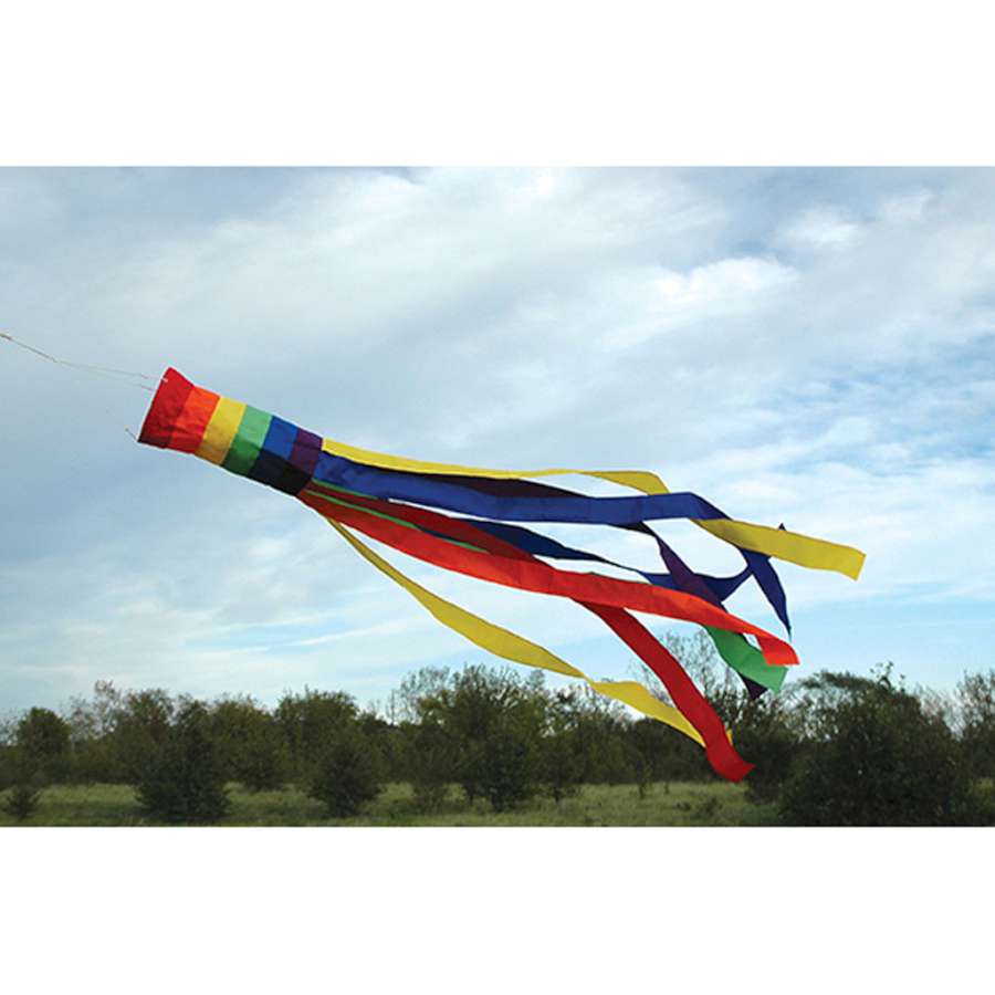 Colorful 60-inch Rainbow Column Windsock twirling in the breeze, showcasing vibrant hues in a traditional shape for outdoor decoration.