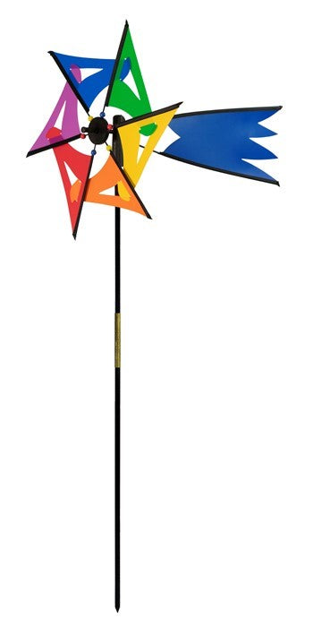 Rainbow Comet Ground Spinner with vibrant colors, displayed in a garden setting, gently spinning in the breeze on a fiberglass rod.