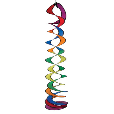 Vibrant Rainbow Curlie Duet hanging twister made from weather-resistant fabric, featuring a double helix design that spins gracefully with the wind.