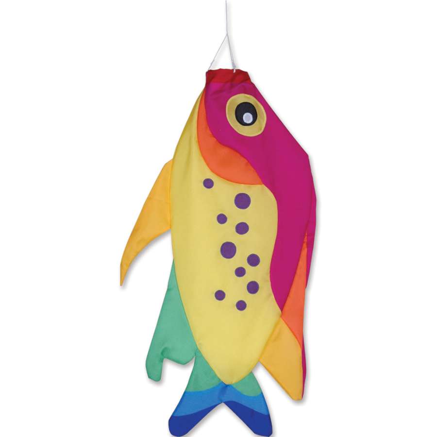 Colorful 36-inch Rainbow Damsel Fish Windsock with three-dimensional shape hanging from a porch, fluttering in the breeze.